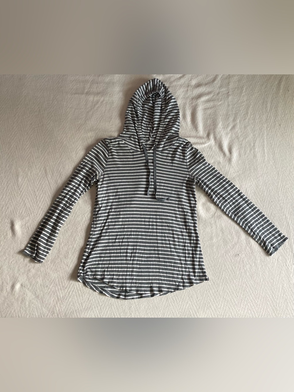 Eddie Bauer Gray and White Striped Hooded Long-Sleeve Top
